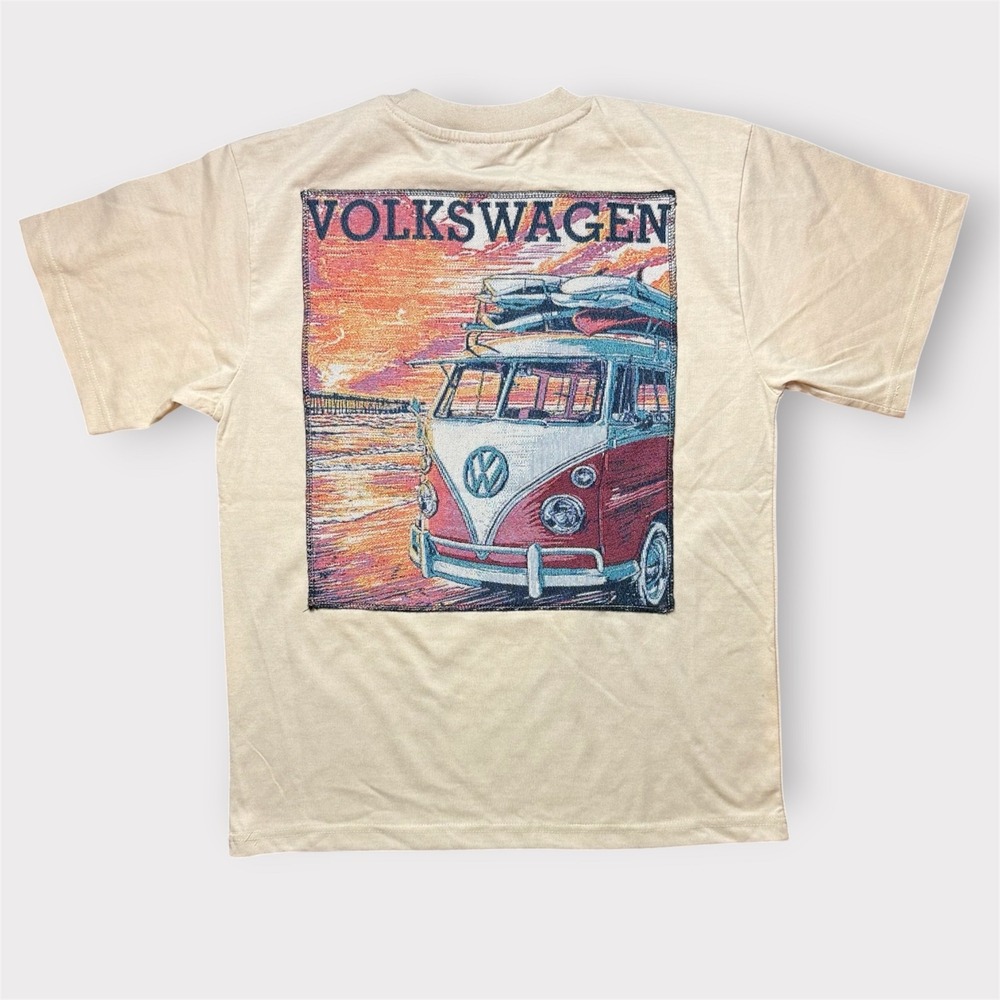 Volkswagen Mens Sand Beige VW Bus Sunset Beach Graphic T-Shirt Small NEW